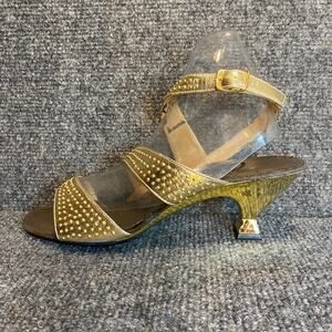 Onex Vintage 1980s Gold Womens 7 Kitten Heels Open Toe Studded Leather Shoes